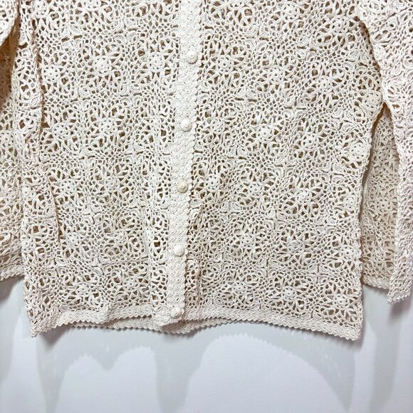VTG Hand Crochet Ivory Cardigan Open Weave M Festival Boho 90s Y2K Cottagecore - Picture 4 of 9